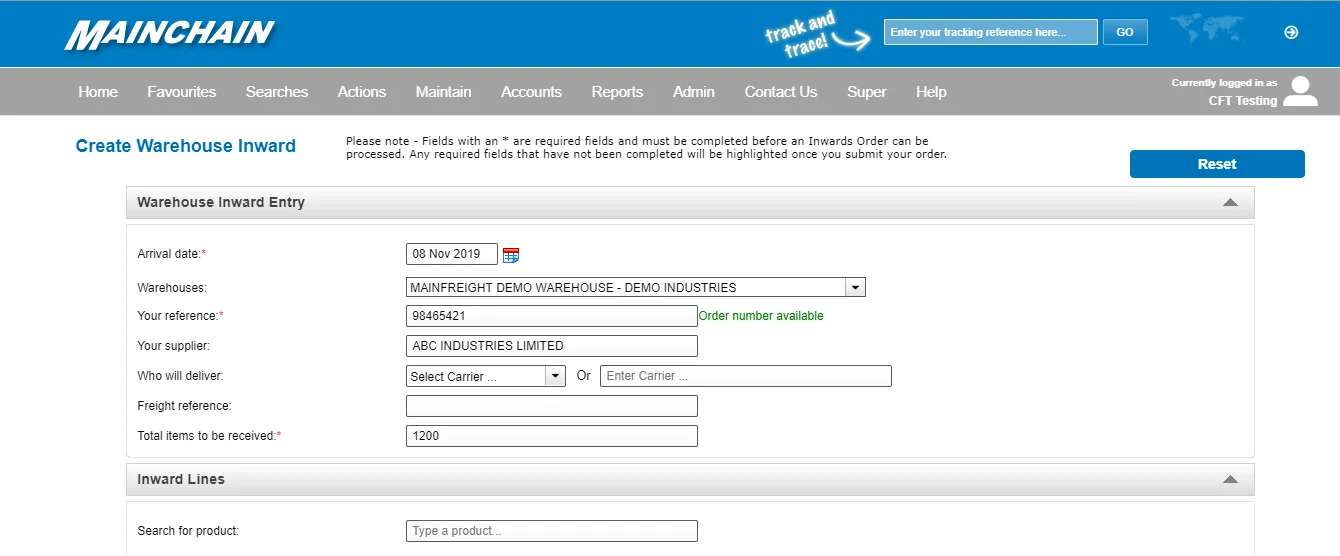 Create Warehouse Inward screen