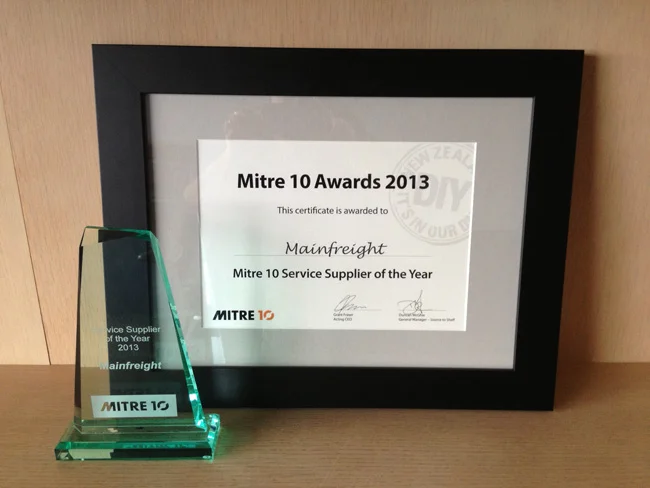 Mainfreight award from Mitre 10 2013 Service Supplier of the Year Mitre 10 Service Supplier of the Year Award